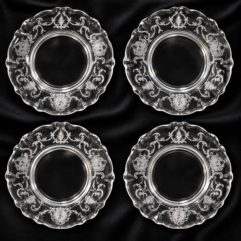 Heisey Minuet Etched Clear Glass 8 Inch Salad Plates Set of 4 Vintage Scalloped